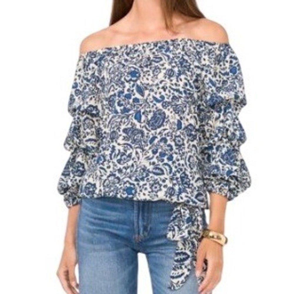 CeCe Blue Floral Off Shoulder Ruched Sleeve Tie Waist Blouse Size Small